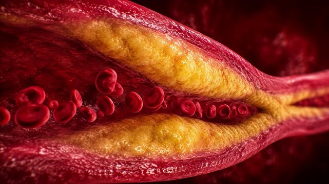 Blocked artery cholesterol plaque restricting red blood cells flow, dangerous atherosclerosis medical disease and cardiovascular heart risk concept, microscopic 3D animation