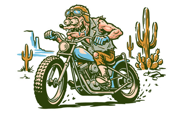Crazy monster biker riding a motorcycle through the desert. Vintage cartoon t-shirt print design for poster, sticker and apparel.