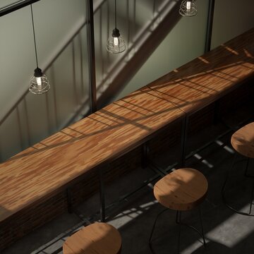 Modern cafe interior background with wooden bar counter and barstools 3D render cgi