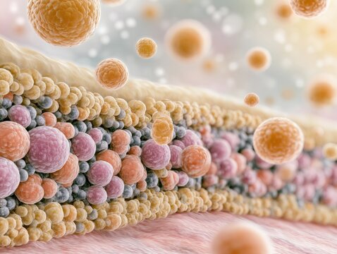3D cross-section illustration of skin layers with penetrating peptide spheres. Cellular anti-aging dermatology science and collagen regeneration concept.