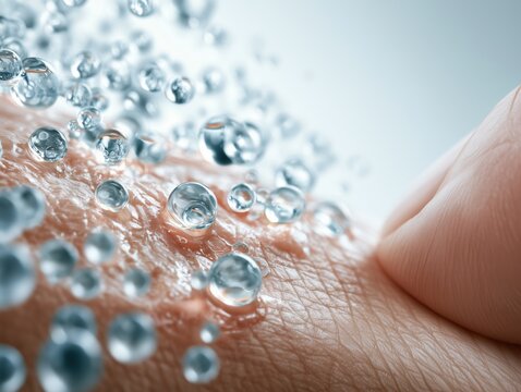 Blue peptide hydration beads penetrating skin surface in macro view. Advanced anti-aging dermatology skincare moisture barrier repair concept.