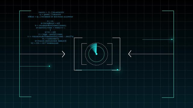 Futuristic HUD with code snippets and circular data scan. Technical futuristic HUD with code snippets for computer software programming. Advanced HUD screen on grid.