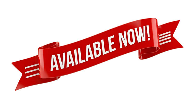 Red ribbon banner with available now text on a black background