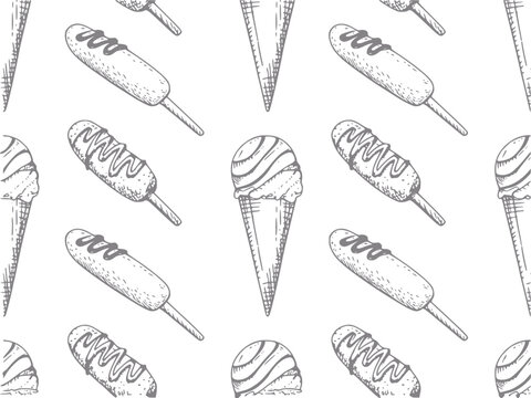 Hand-drawn ice cream cones and popsicles seamless pattern in vintage style