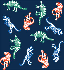 Assorted dinosaur skeletons in a playful pattern on a dark blue background for children's designs © SA Graphic Desing