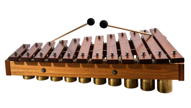 Wooden xylophone with brass resonators and mallets