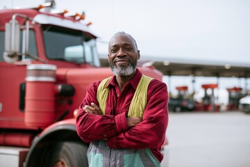 Naklejka premium Portrait of experienced truck driver with arms crossed in front of red tractor trailer at fuel station for logistics company background and driver profile