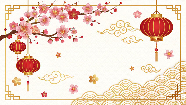Chinese New Year celebration background with cherry blossoms red lanterns and gold decorations on beige transparent background