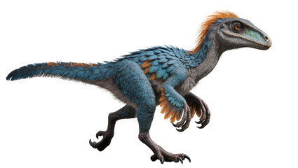 Fototapeta premium Feathered dinosaur with blue and orange plumage