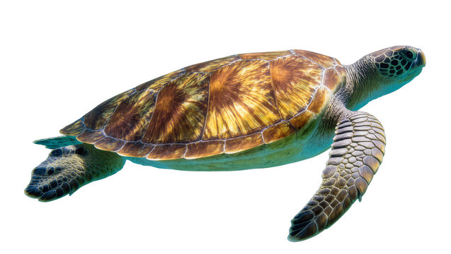 Green sea turtle swimming underwater with patterned shell