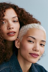 Obraz premium Closeup intimate portrait of diverse women with curly freckled hair and cropped platinum hairstyle for lifestyle banner and editorial background