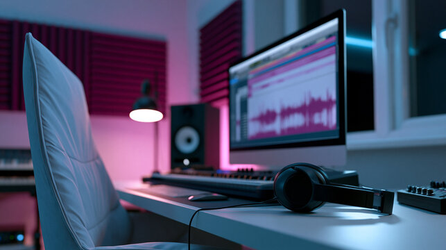 Modern music studio workspace with computer monitor and headphones