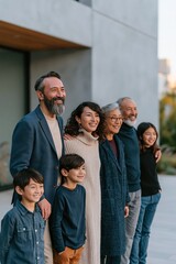 Fototapeta premium Multigenerational family standing outdoors together smiling for lifestyle portrait and community banner or advertisement