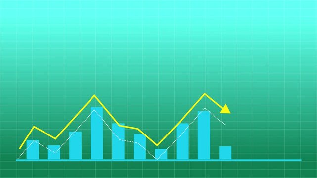 Teal grid background with blue bar chart showing decline. Financial teal grid background with blue bar chart for recession reporting. Analytical blue bar chart graph.