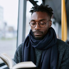 Fototapeta premium Man reading book on public transport for commute lifestyle portrait and quiet focus background for editorial and learning design