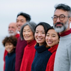 Obraz premium Multigenerational diverse family group portrait with smiling relatives in knit sweaters for holiday card background and inclusive community banner design