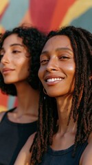 Obraz premium Close-up portrait of two smiling women outdoors with colorful mural background for lifestyle banner and social media design
