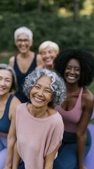 Obraz premium Diverse group of smiling mature women doing outdoor yoga and fitness in park for wellness and active lifestyle background
