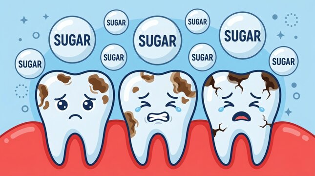 Sad Cartoon Teeth Suffering from Sugar and Cavities.