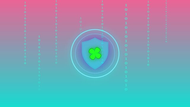 Digital shield with clover symbol and binary code matrix. Safe digital shield with clover symbol for cyber information privacy. Green neon digital shield protection.