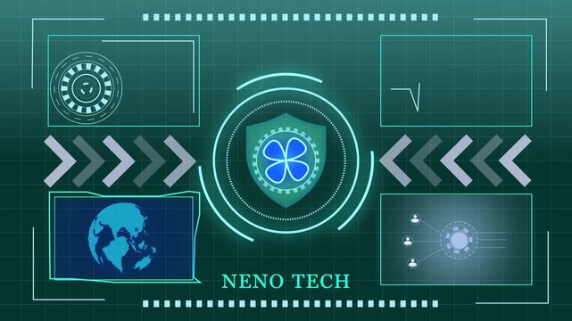 Futuristic digital interface with tech logo displaying data. Advanced futuristic digital interface with tech logo for cyber protection mainframes. Tech data interface.