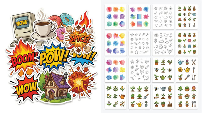 Retro pop art sticker set, comic book speech bubbles and colorful watercolor icons, vintage computer and gardening doodle collection vector