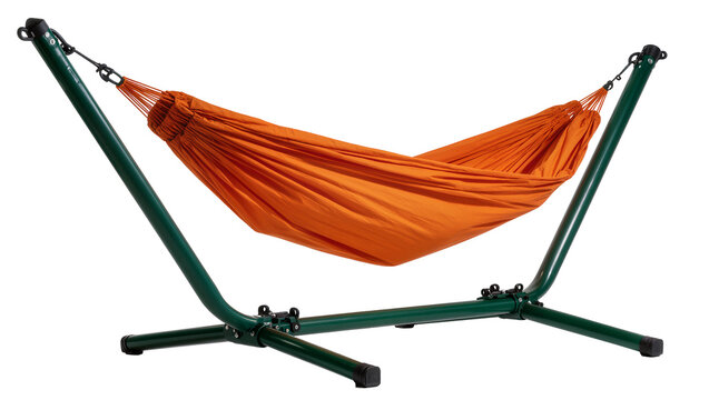 Orange fabric hammock with green metal stand