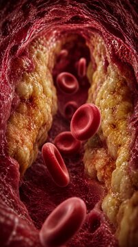 Blocked artery cholesterol plaque restricting red blood cells flow, dangerous atherosclerosis medical disease and cardiovascular heart risk concept, microscopic 3D animation
