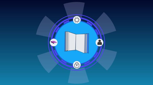 Digital interface with open book and security icons. Educational digital interface with open book for online university libraries. E learning knowledge interface.