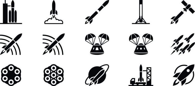 Set of fifteen black and white space exploration and rocket launch icons.