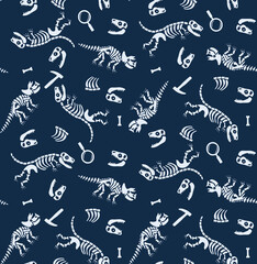 Dinosaur skeletons and fossils scattered on a dark blue background in a playful cartoon style © SA Graphic Desing