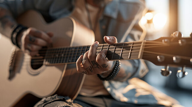 Close-up of male hipster playing guitar in warm sunlight, artistic music scene featuring acoustic performance, creative lifestyle, passion and golden hour atmosphere