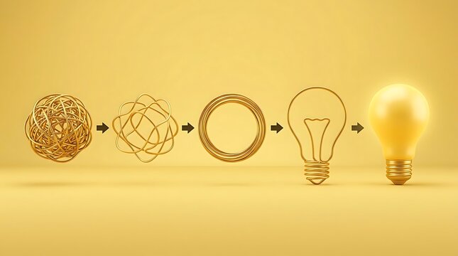 Golden wire transforms from tangled mess to illuminated light bulb, symbolizing problem-solving and idea generation process.