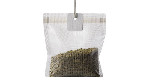 Herbal tea bag with loose dried leaves and tag