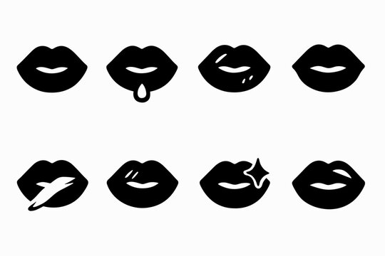 Metallic Lip Icon Set. Metallic Lip Art. Filled icon set of Metallic Lip Art: chrome lip, gloss droplet, lip
