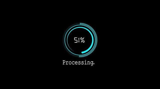 Cyan Digital Loading Circle Progress Bar Animation with Percent Indicator and Processing Text on Black Background.