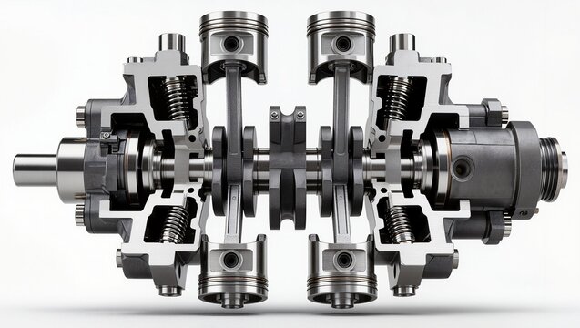 Four-cylinder engine crankshaft assembly with pistons and connecting rods cross-section view