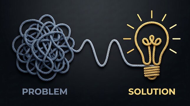 Tangled Rope Problem Transforming into a Bright Light Bulb Solution Representing Clarity, Innovation, and Breakthroughs