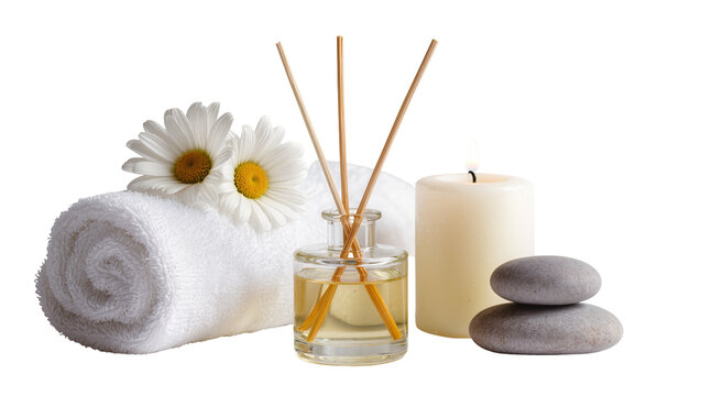Spa relaxation set with rolled towel reed diffuser candle, and stones