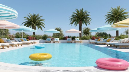 Obraz premium Vibrant resort swimming pool with loungers and colorful umbrellas