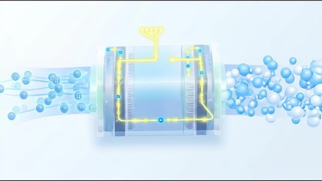 Animation of hydrogen fuel cell. Hydrogen molecules enter the stack. Electrons create usable current. Water vapor leaves the outlet. Clean energy in 3D animation. Concept of zero-emission power.