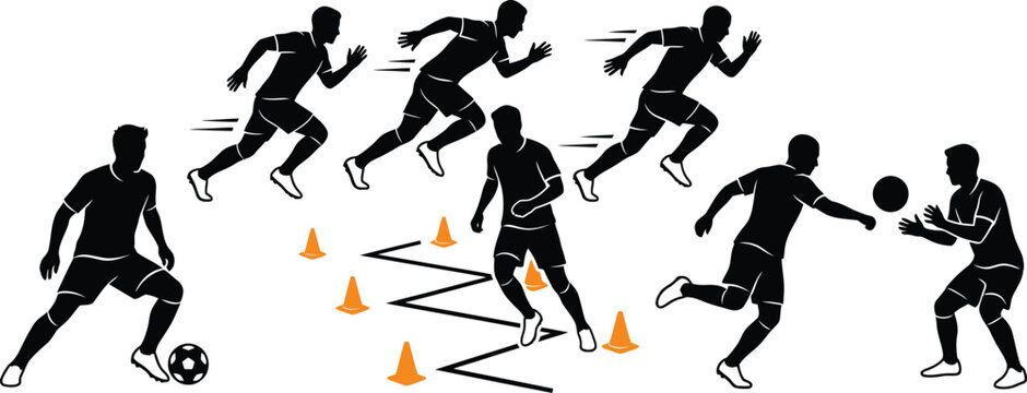 Soccer training fitness drills with sprint running agility cones dribbling and passing black silhouette collection