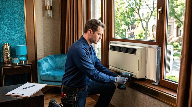 Professional technician installing a window air conditioning unit. Mechanic using a drill to mount an AC system in a residential living room. Home maintenance service