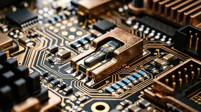 Macro view of a temperature sensor on a circuit board. Electronic components and gold plated traces on PCB. Advanced technology and microelectronics