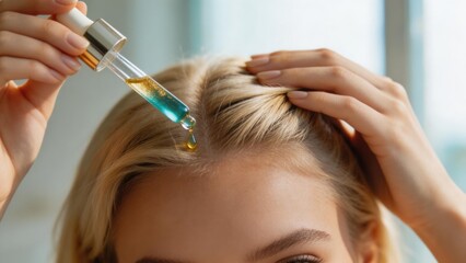 Naklejka premium Close-up of a person applying liquid drops to a blonde scalp. Hair treatment product application with a dropper