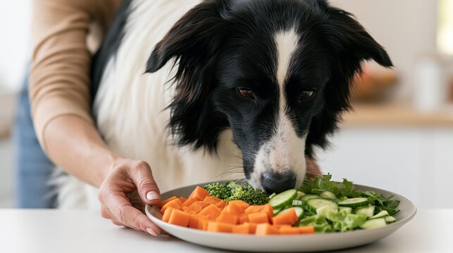 Dog being fed healthy vegetable meal at home