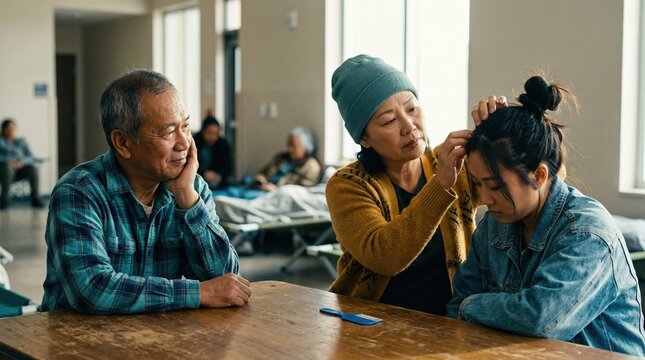Mother checking daughter's hair for head lice in a homeless shelter. Asian family dealing with pediculosis in communal living. Health and hygiene in poverty concept