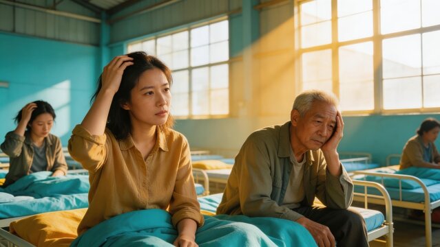 Young woman scratching her head in a homeless shelter. Asian people sitting on cots in communal housing. Concept of health and hygiene challenges in poverty