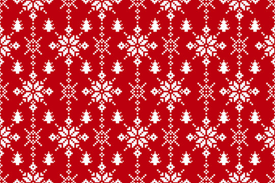 Christmas and New Year seamless pattern. White snowflakes on red pixel pattern for winter hat,jumper,sweater, wrapping,fabric,border,rim,carpets, blankets, towels
