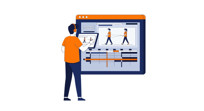 Professional Animator Working on Character Motion Design and Video Editing Software Interface